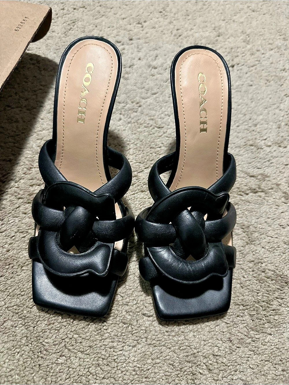 Coach Sculpted C Block Heel Sandal Black Braided High Heels US 6